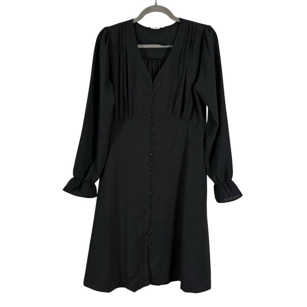Silk and Salt Black Poet Sleeve Dress V-Neck Knee Length Button Front Size S